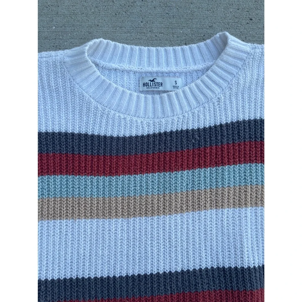 Hollister Cropped Striped Sweater Womens Small White Blue Burgundy Shaker Knit